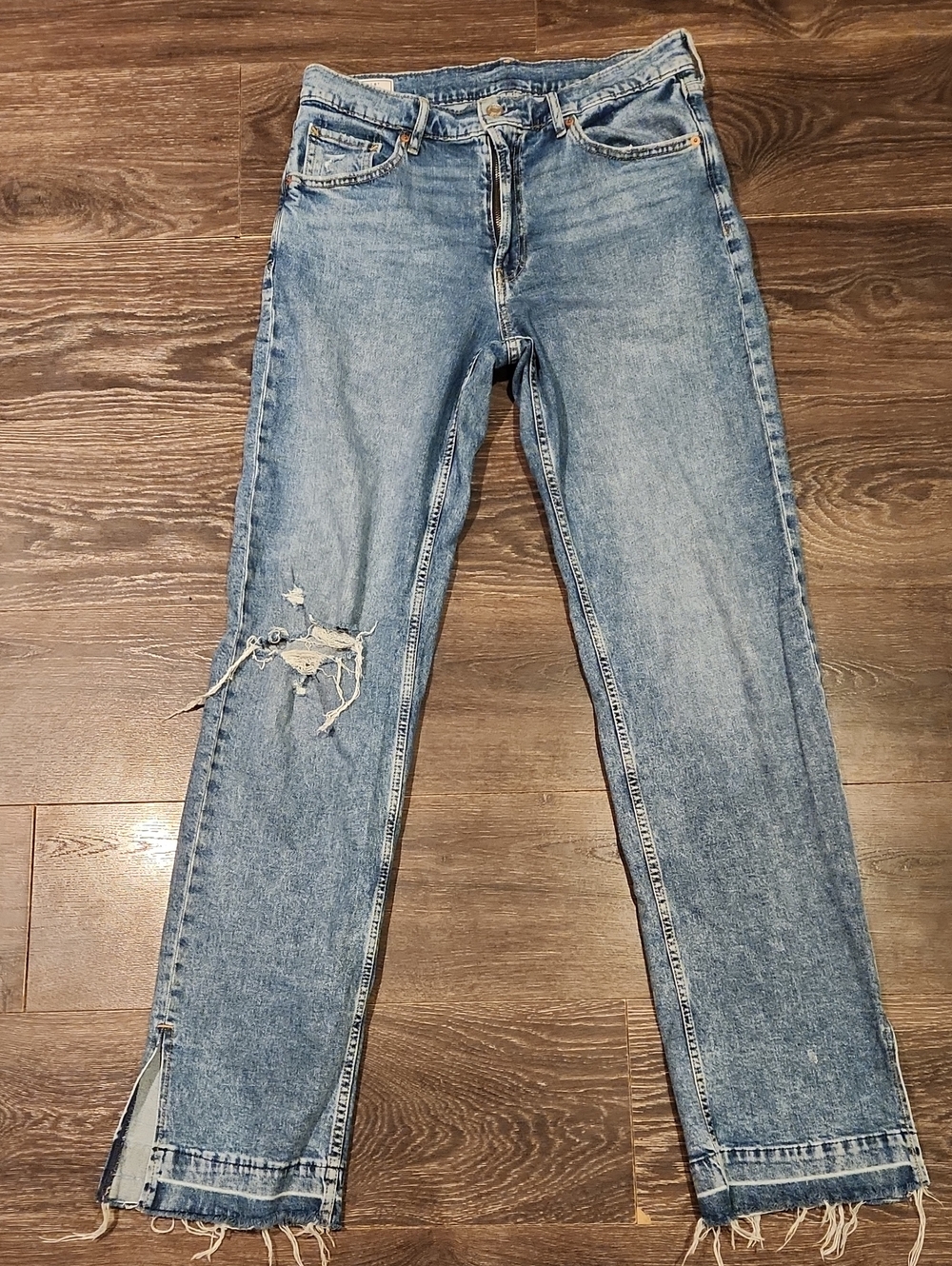 Women's Blue Straight-Leg Distressed Jeans - Picture 2 of 9